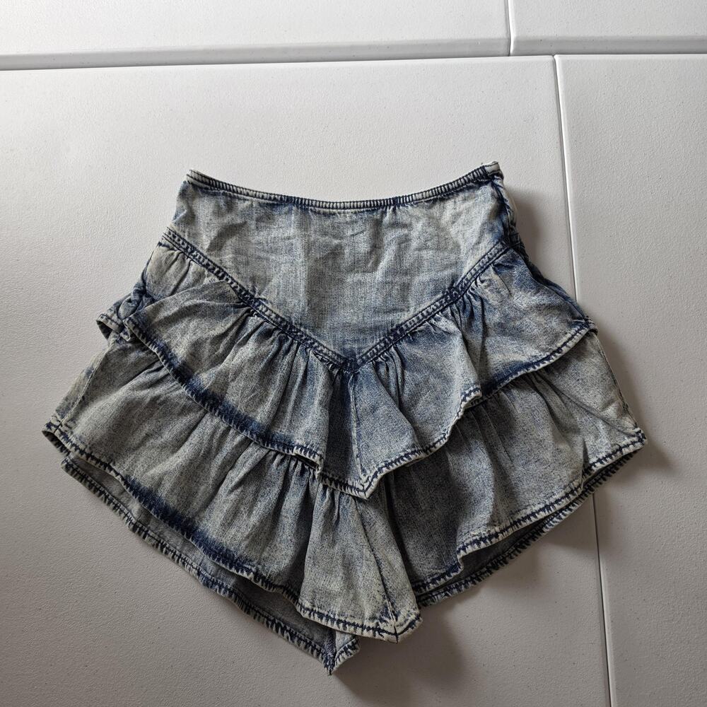 Mother Skirt Womens 24 Blue Denim Ruffle Tiered Mini Shorts Summer Casual
